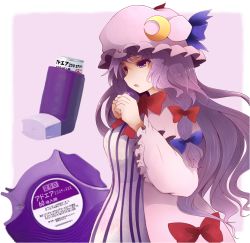 Rule 34 | 1girl, arano oki, bow, crescent, crescent hair ornament, hair bow, hair ornament, hat, inhaler, long hair, medicine, patchouli knowledge, product placement, purple eyes, purple hair, solo, touhou, wavy hair