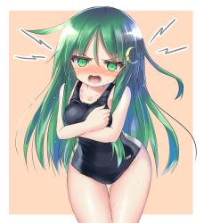 Rule 34 | 1girl, black one-piece swimsuit, breasts, collarbone, covering privates, covering breasts, cowboy shot, crescent, crescent hair ornament, embarrassed, green eyes, green hair, hair between eyes, hair ornament, highres, kantai collection, long hair, looking at viewer, nagatsuki (kancolle), one-piece swimsuit, open mouth, pink background, school swimsuit, small breasts, solo, swimsuit, white background, yuuji (itadon)