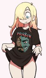Rule 34 | absurdres, blonde hair, blue eyes, brown shirt, closed mouth, clothes lift, colo (nagrolaz), cowboy shot, fang, fang out, freckles, hair over one eye, highres, it&#039;s morbin&#039; time (meme), long hair, marvel, meme, merchandise, morbius, morbius (film), naked shirt, one eye covered, print shirt, shirt, shirt lift, short sleeves, simple background, standing, white background, wide-eyed
