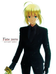 Rule 34 | 1girl, ahoge, androgynous, artoria pendragon (all), artoria pendragon (fate), bad id, bad pixiv id, black gloves, blonde hair, excalibur (fate/stay night), fate/stay night, fate/zero, fate (series), female focus, formal, gloves, green eyes, izru, necktie, pant suit, pants, ponytail, reverse trap, saber (fate), solo, suit, sword, weapon