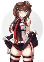 Rule 34 | 1girl, ahoge, arthur ko, black gloves, black thighhighs, blue eyes, blush, braid, breasts, brown hair, chest harness, closed mouth, clothes lift, cowboy shot, fingerless gloves, gloves, hair between eyes, harness, highres, kantai collection, lifting own clothes, long hair, looking at viewer, medium breasts, necktie, red necktie, shigure (kancolle), shigure kai san (kancolle), single braid, smile, solo, thighhighs, twitter username
