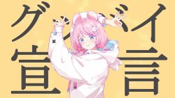 Rule 34 | 1girl, animal ears, blue eyes, blue hair, blush, braid, emiri kura, from side, goodbye sengen (vocaloid), gradient hair, head tilt, hood, hoodie, indie virtual youtuber, moonie, mouse ears, mouse girl, multicolored hair, official art, ok sign, pink hair, pink hoodie, smile, solo, song name, twin braids, upper body, v, v-shaped eyebrows, virtual youtuber, vocaloid, yellow background