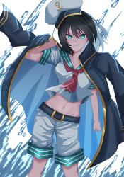 Rule 34 | 1girl, anchor, belt, black belt, black hair, black jacket, blouse, breasts, coat, collarbone, commentary, commentary request, dutch angle, erisauria, glowing, glowing eyes, green eyes, green sailor collar, grin, hat, highres, jacket, jacket on shoulders, long sleeves, medium breasts, medium hair, midriff, murasa minamitsu, navel, neckerchief, red neckerchief, sailor, sailor collar, sailor hat, sailor shirt, shirt, short sleeves, shorts, simple background, smile, solo, stomach, touhou, uniform, upper body, water, white background, white hat, white shirt, white shorts