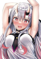 Rule 34 | 1girl, absurdres, armpits, arms up, black choker, black necktie, black ribbon, blush, breasts, buttons, center-flap bangs, choker, collared shirt, commentary, earrings, embarrassed, eyelashes, fang, gradient hair, grey hair, hair between eyes, hair ornament, hair ribbon, highres, hololive, horns, jewelry, long hair, looking at viewer, medium breasts, multicolored hair, nakiri ayame, nakiri ayame (streetwear), necktie, nose blush, official alternate costume, open mouth, pink hair, red eyes, red hair, revision, ribbon, shadow, shiny skin, shirt, short necktie, short sleeves, sidelocks, skin-covered horns, skin fang, sleeveless, sleeveless shirt, solo, streaked hair, terra bose, tsurime, twintails, upper body, v-shaped eyebrows, very long hair, virtual youtuber, white background, white shirt, x hair ornament
