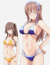 Rule 34 | 2girls, alternate costume, bare shoulders, bikini, blue bikini, blush, breast envy, breasts, brown eyes, brown hair, closed eyes, closed mouth, collarbone, cyka, feet out of frame, girls&#039; frontline, hairband, half updo, hand on own hip, highres, long hair, looking at another, multicolored hair, multiple girls, navel, pink hair, scar, scar across eye, scar on face, shading eyes, side ponytail, small breasts, smile, st ar-15 (girls&#039; frontline), standing, swimsuit, ump45 (girls&#039; frontline), unhappy, white background, yellow bikini
