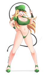 Rule 34 | 1girl, absurdres, bikini, bikini bottom only, blonde hair, blue eyes, breasts, cleavage, fight&#039;n rage, full body, green bikini, green shirt, hat, heels, highres, jarckius, large breasts, long hair, midriff, military hat, navel, open mouth, shirt, short sleeves, shoulder pads, simple background, smile, solo, standing, swimsuit, thong, tracy (fight&#039;n rage), whip, white background