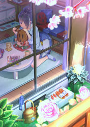Rule 34 | 1girl, aiuabo, bird, black hair, blue footwear, blue shirt, bluebird, cherry blossoms, coaster, commentary request, cup, curtains, cushion, day, flower, food, from outside, green pants, green tea, hair bun, hair over one eye, haniwa (statue), highres, holding, holding food, mug, nintendo switch, original, pants, pink flower, pink shirt, plant, potted plant, rug, shirt, shorts, sidelocks, single hair bun, sitting, slippers, unworn slippers, smile, snack, socks, stove, table, tea, window, wooden floor