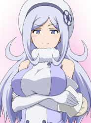 Rule 34 | 10s, 1girl, aila jyrkiainen, baozi, bare shoulders, blue eyes, blush, breast hold, breasts, crossed arms, elbow gloves, food, gloves, gundam, gundam build fighters, hat, kamelie, large breasts, long hair, silver hair, smile, solo