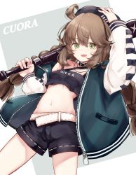 Rule 34 | 1girl, absurdres, arknights, bad id, bad pixiv id, baseball bat, belt, belt collar, black collar, black hat, black shorts, braid, brown hair, character name, collar, collarbone, crop top, cuora (arknights), green eyes, green jacket, hand on headwear, hat, highres, holding, holding baseball bat, jacket, long hair, long sleeves, midriff, navel, open clothes, open jacket, open mouth, shorts, smile, solo, tokoi, twin braids, white belt, zipper pull tab