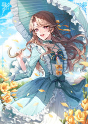 Rule 34 | 1girl, aqua dress, bad id, bad pixiv id, blue dress, blush, bow, bow choker, breasts, brown hair, choker, cleavage cutout, clothes lift, clothing cutout, cloud, cloudy sky, collarbone, cowboy shot, dappled sunlight, day, dress, dress bow, dress lift, earrings, falling petals, floating hair, flower, frilled choker, frilled umbrella, frills, gown, highres, holding, holding umbrella, jewelry, layered dress, long hair, long sleeves, looking at viewer, open mouth, original, outdoors, parasol, petals, petticoat, plus1024, red eyes, ribbon, sky, small breasts, smile, solo, sunlight, teeth, tulip, umbrella, wavy hair, wind, yellow flower, yellow tulip