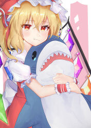 Rule 34 | 1girl, absurdres, back bow, blonde hair, blush, bow, closed mouth, collared shirt, cowboy shot, crystal, flandre scarlet, frilled shirt collar, frilled sleeves, frills, fuua (fxae3875), hair between eyes, hat, hat ribbon, highres, holding, holding stuffed toy, ikea shark, large bow, looking at viewer, medium hair, mob cap, multicolored wings, one side up, pout, puffy short sleeves, puffy sleeves, red eyes, red ribbon, red skirt, red vest, ribbon, shirt, short sleeves, simple background, skirt, skirt set, sleeve ribbon, solo, stuffed animal, stuffed shark, stuffed toy, touhou, vest, white background, white bow, white hat, white shirt, wings, wrist cuffs
