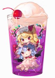 Rule 34 | 2girls, bat wings, berry, blonde hair, blue hair, blush, bow, cherry, chibi, closed mouth, collared dress, collared shirt, crystal, dress, drink, eyes visible through hair, fang, flandre scarlet, food, footwear bow, frills, fruit, gem, glass, grey headwear, gunjou row, hair between eyes, hair ribbon, hand up, hands on another&#039;s head, hands up, hat, hat ribbon, ice, ice cream, jewelry, looking at another, looking down, looking up, mob cap, multicolored wings, multiple girls, one side up, open mouth, pink dress, pink footwear, pink headwear, puffy short sleeves, puffy sleeves, purple ribbon, red bow, red dress, red eyes, red footwear, red ribbon, remilia scarlet, ribbon, shirt, shoes, short hair, short sleeves, siblings, sisters, sweat, sweatdrop, touhou, white shirt, wings