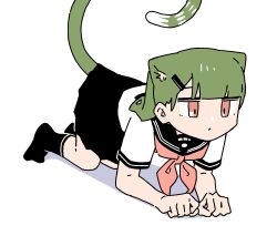 :o all_fours animal_ears animated animated_gif black_socks bow cat_ears cat_girl cat_tail green_hair highres original rag-chan red_eyes rid0922 school_uniform serafuku simple_background skirt socks tail