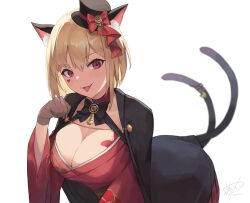Rule 34 | 1girl, :p, aiguillette, animal ear fluff, animal ears, arm support, black cape, black hat, blonde hair, bob cut, body markings, breasts, brown gloves, cape, cat ears, cat girl, cat tail, choker, commentary request, facial mark, fang, gloves, hat, heart, japanese clothes, kimono, large breasts, looking at viewer, luis cammy, mini hat, mini top hat, mole, mole under mouth, multiple tails, namiura, nekomata, nijisanji, paw pose, red choker, red eyes, red kimono, short hair, skin fang, solo, tail, tilted headwear, tongue, tongue out, top hat, two tails, virtual youtuber
