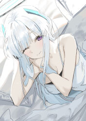 Rule 34 | 1girl, arm up, bare arms, bare shoulders, blue archive, blush, closed mouth, dress, grey hair, hand up, highres, long hair, looking at viewer, lying, noa (blue archive), on side, one eye closed, pillow, purple eyes, solo, strap slip, syhan, under covers, white dress