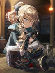 Rule 34 | 1boy, 1girl, bad id, bad twitter id, barrel, beer mug, blonde hair, blue capelet, blue eyes, blurry, blurry background, breasts, capelet, cleavage, cup, detached collar, diluc (genshin impact), genshin impact, gloves, hair between eyes, hair ribbon, high collar, high ponytail, indoors, jean (genshin impact), large breasts, long hair, mug, multicolored capelet, open mouth, out of frame, ponytail, ribbon, sidelocks, silence girl, sitting, strapless, table, tube top, water
