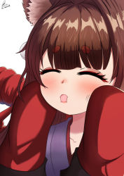 Rule 34 | 1girl, ^ ^, ^o^, amagi-chan (azur lane), animal ears, azur lane, blunt bangs, blush, brown hair, closed eyes, collarbone, commentary, dated, english commentary, eyeshadow, fox ears, hands on own cheeks, hands on own face, highres, japanese clothes, long hair, looking at viewer, makeup, rope, shimenawa, sidelocks, signature, simple background, sleeves past wrists, solo, thick eyebrows, ul (gerard990), white background, wide sleeves