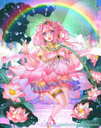 Rule 34 | 1girl, cardfight!! vanguard, company name, earrings, flower, jewelry, leaf, long hair, maiden of breedrain, nail polish, official art, open mouth, petals, pink hair, purple eyes, rain, rainbow, solo, sparkle, spinel (9057), tears, teeth, tiara, twintails, water