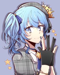 Rule 34 | 1girl, absurdres, beret, black gloves, blue bow, blue eyes, blue hair, bow, choker, dreamerrii, dress, gloves, grey dress, grey hat, hair bow, hat, highres, hololive, hoshimachi suisei, hoshimachi suisei (1st costume), looking at viewer, nail polish, own hands together, partially fingerless gloves, plaid, plaid dress, plaid headwear, purple background, side ponytail, simple background, smile, solo, star (symbol), virtual youtuber