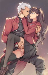 Rule 34 | 1boy, 1girl, archer (fate), black hair, black skirt, black thighhighs, blue eyes, blush, dark-skinned male, dark skin, eye contact, fate/stay night, fate (series), ge-b, hair ribbon, hetero, imminent kiss, long hair, looking at another, manly, pleated skirt, ribbon, skirt, sweater, thighhighs, tohsaka rin, turtleneck, two side up, white hair, zettai ryouiki