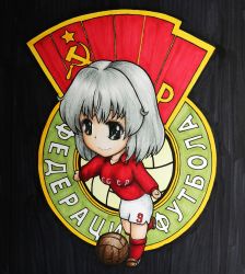Rule 34 | 1girl, ball, chibi, gradient background, grey eyes, grey hair, hammer and sickle, kabakaba, kneehighs, logo, marker (medium), original, outstretched arms, red socks, russia, russian text, smile, soccer, soccer ball, soccer uniform, socks, solo, soviet, soviet flag, sportswear, spread arms, traditional media