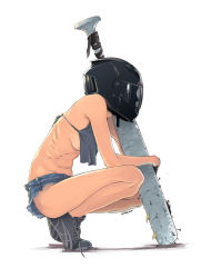 Rule 34 | 1girl, 2ngaw, bare back, baseball bat, crop top, crop top overhang, full body, gloves, helmet, highres, motorcycle helmet, nail, nail bat, shoes, short shorts, shorts, sneakers, solo, squatting, untied shoe, weapon
