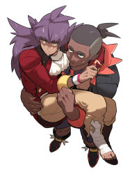 Rule 34 | 2boys, ascot, bandaged leg, bandages, black footwear, brown pants, buttons, carrying, closed mouth, commentary request, creatures (company), dark-skinned male, dark skin, dynamax band, earrings, game freak, highres, hood, hood down, hoodie, jewelry, leon (pokemon), long hair, male focus, multiple boys, nintendo, pants, pokemon, pokemon swsh, purple hair, raihan (pokemon), redlhzz, shoes, shorts, simple background, split mouth, sweatdrop, tailcoat, torn clothes, torn pants, white ascot, white background, yellow eyes