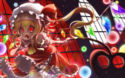 Rule 34 | 1girl, absurdres, ascot, blonde hair, cross-laced clothes, cross-laced skirt, crystal, crystal wings, danmaku, eyelashes, fang, flandre scarlet, frilled cuffs, frilled hat, frilled skirt, frilled sleeves, frills, full moon, hand to own mouth, hat, hat ribbon, highres, holding, holding weapon, huang j xuan, indoors, laevatein (touhou), leaning forward, lolita fashion, long hair, looking at viewer, mob cap, moon, one side up, open mouth, puffy short sleeves, puffy sleeves, red eyes, red ribbon, red skirt, red sky, red vest, ribbon, shirt, short sleeves, side ponytail, skirt, skirt set, sky, smile, touhou, touhou cannonball, vest, weapon, white headwear, white shirt, white wrist cuffs, window, wrist cuffs, yandere, yellow ascot