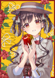 Rule 34 | 1girl, apple, boater hat, braid, braided hair rings, brown hair, commentary request, food, fruit, grapes, hair ribbon, hair rings, highres, holding, holding food, holding fruit, idolmaster, idolmaster shiny colors, iku2727, long hair, looking at viewer, md5 mismatch, neck ribbon, resolution mismatch, ribbon, solo, sonoda chiyoko, source smaller, upper body, yellow background