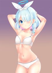 Rule 34 | 1girl, armpits, arms behind head, arms up, arona (blue archive), blue archive, blue eyes, blue hair, blue halo, bow, bra, braid, breasts, chestnut mouth, collarbone, hair bow, hair over one eye, halo, highres, looking at viewer, multicolored hair, navel, nendoroya, panties, pink hair, short hair, simple background, small breasts, solo, underwear, white bra, white panties