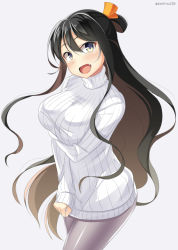 Rule 34 | 10s, 1girl, arm support, bad id, bad pixiv id, black hair, blush, breasts, dutch angle, fang, grey background, hair between eyes, hair tie, kankitsunabe (citrus), kantai collection, large breasts, long hair, long sleeves, multicolored hair, naganami (kancolle), open mouth, pantyhose, purple hair, purple pantyhose, ribbed sweater, simple background, sleeves past wrists, solo, sweater, tongue, turtleneck, turtleneck sweater, twitter username, two-tone hair, very long hair, wavy hair, white sweater, yellow eyes