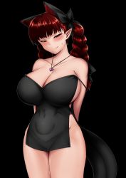 Rule 34 | 1girl, absurdres, animal ears, arms behind back, bare shoulders, black background, bow, braid, breasts, cat ears, curvy, dress, extra ears, hair bow, heart, highres, kaenbyou rin, long hair, mizuga, naughty face, pointy ears, red eyes, red hair, solo, tail, touhou, twin braids