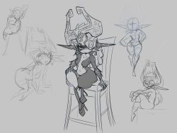 Rule 34 | 1girl, ass, bent over, blush, chair, closed mouth, collarbone, crossed legs, fang, fang out, grey background, greyscale, half-closed eyes, hand on own knee, hands on own hips, helmet, high heels, highres, long hair, malcontent, midna, monochrome, multiple views, navel, nintendo, pointy ears, sitting, sketch, the legend of zelda, the legend of zelda: twilight princess