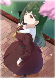 Rule 34 | 1girl, arm at side, black socks, blurry, blurry foreground, breasts, brick road, brown dress, brown eyes, closed mouth, collarbone, dress, from above, from side, graduation, grass, green hair, hair ornament, hairclip, hasu no sora school uniform, hat, highres, holding, holding clothes, holding hat, link! like! love live!, long hair, long sleeves, looking at viewer, looking to the side, love live!, medium breasts, medium dress, mortarboard, neckerchief, oogami sachi, parisnoko, pleated dress, sailor collar, sailor dress, school uniform, smile, socks, solo, straight hair, unworn hat, unworn headwear, vignetting, white sailor collar, winter uniform, yellow neckerchief