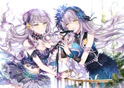 Rule 34 | 2girls, bang dream!, black ribbon, blue feathers, bracelet, bubble, commentary request, crop top, detached collar, dual persona, earrings, feather dress, feather hair ornament, feathers, fins, flower, frills, hair bun, hair ornament, hair ribbon, hair scrunchie, hairband, hand on own chest, head chain, head fins, jewelry, lace, lace-trimmed hairband, lace trim, light purple hair, lolita hairband, long hair, microphone stand, minato yukina, multiple girls, necklace, nennen, purple hair, railing, ribbon, rose, scrunchie, side bun, single side bun, skirt, sleeveless, very long hair, wristband, yellow eyes