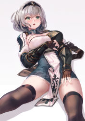 Rule 34 | 1girl, armor, belt, belt buckle, unworn belt, black thighhighs, blush, boobplate, braid, breastplate, breasts, brown gloves, buckle, cleavage, cleavage cutout, clothing cutout, commentary, diadem, dress, eyebrows hidden by hair, fingerless gloves, frilled dress, frills, gauntlets, gloves, green eyes, highres, hololive, large breasts, long hair, looking at viewer, mole, mole on breast, open mouth, pondel, shirogane noel, shirogane noel (1st costume), silver hair, solo, thighhighs, thighs, virtual youtuber, white background