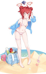 Rule 34 | 1girl, absurdres, barefoot, beach, bikini, blue archive, breasts, double bun, full body, hair bun, halo, highres, kiko bomb, looking at viewer, maki (blue archive), navel, o o, ocean, red hair, sand, simple background, small breasts, solo, standing, striped bikini, striped clothes, swimsuit, toes, white background