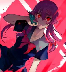 Rule 34 | 1girl, bow, cellphone, commentary request, dress, gasai yuno, hair between eyes, hair bow, hand up, highres, holding, holding phone, long hair, looking at viewer, mirai nikki, phone, pink hair, ponytail, red eyes, sailor dress, school uniform, short sleeves, sidelocks, smile, solo, splatter, upper body, walzrj, wide-eyed