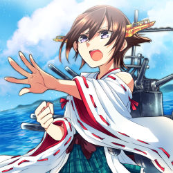 Rule 34 | 10s, 1girl, ang, blue eyes, brown hair, hairband, hiei (kancolle), japanese clothes, kantai collection, nontraditional miko, short hair, skirt, solo, turret