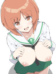 Rule 34 | 1girl, between breasts, black neckerchief, blouse, breasts, brown eyes, brown hair, clothes lift, commentary, from above, girls und panzer, green skirt, highres, kurusux, large breasts, long sleeves, looking at viewer, looking up, miniskirt, neckerchief, nipples, nishizumi miho, no bra, ooarai school uniform, pleated skirt, sailor collar, school uniform, serafuku, shirt, shirt lift, short hair, simple background, skirt, solo, standing, white background, white sailor collar, white shirt