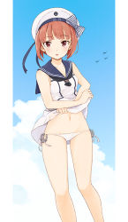 Rule 34 | 1girl, aircraft, airplane, bare arms, bare shoulders, beret, bikini, bikini under clothes, black neckwear, blue sailor collar, blue sky, blush, bow, brown eyes, brown hair, character name, cloud, collarbone, day, dress, enu (roco roco44), groin, hat, hat bow, kantai collection, navel, outdoors, parted lips, sailor collar, sailor dress, side-tie bikini bottom, sky, sleeveless, sleeveless dress, solo, striped, striped bow, swimsuit, white bikini, white dress, white hat, z3 max schultz (kancolle)