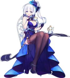 Rule 34 | 1girl, alternate costume, azur lane, black thighhighs, blue eyes, breasts, chair, cleavage, cup, dress, full body, gloves, high heels, illustrious (azur lane), illustrious (never-ending tea party) (azur lane), kaede (yumesaki kaede), lace, lace-trimmed legwear, lace trim, large breasts, long hair, looking at viewer, mole, mole under eye, official art, parted lips, sitting, solo, teacup, teapot, thighhighs, transparent background, white hair