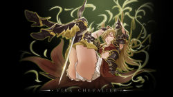Rule 34 | 1girl, armor, armored boots, arms up, black background, black gloves, blonde hair, boots, breastplate, brown eyes, bula, character name, from side, full body, gloves, granblue fantasy, high heels, highres, long hair, looking at viewer, lying, on back, outline, panties, parted lips, solo, sword, underwear, very long hair, vira (granblue fantasy), weapon, white panties