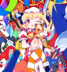 Rule 34 | 1girl, animal, ascot, bird, blonde hair, blush, chicken, crystal, dog, fang, flandre scarlet, frilled skirt, frills, hat, highres, itomugi-kun, knife, leg up, long hair, looking at viewer, mob cap, one eye closed, puffy short sleeves, puffy sleeves, rabbit, red eyes, red skirt, red vest, shirt, short sleeves, skirt, solo, stuffed animal, stuffed toy, teddy bear, touhou, vest, white hat, white shirt, wings, yellow ascot
