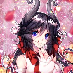 Rule 34 | 1girl, black hair, bow, checkered background, demon girl, demon horns, finger to mouth, floral background, flower, funamusea, genderswap, genderswap (mtf), hair bow, horns, long sleeves, looking at viewer, low twintails, off-shoulder shirt, off shoulder, petals, purple eyes, red flower, red nails, red ribbon, red rose, ribbon, rose, satanick (funamusea), shirt, shushing, sparkle, twintails, white shirt, white sleeves, yellow flower, yellow rose, yun (outsidey)