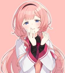 Rule 34 | 1girl, blush, bow, bowtie, hair between eyes, hairband, hand to own mouth, highres, jacket, long hair, long sleeves, looking at viewer, nekoume, nijisanji, open clothes, open jacket, open mouth, pink background, pink hair, purple eyes, school uniform, simple background, smile, solo, suo sango, suo sango (1st costume), upper body, very long hair, virtual youtuber, white jacket