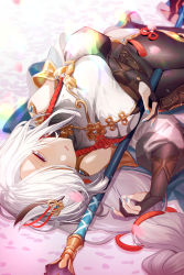 Rule 34 | 1girl, bed, bed sheet, between thighs, blush, breasts, genshin impact, hair ornament, hair over one eye, highres, large breasts, long hair, lying, nail polish, on back, polearm, purple eyes, shenhe (genshin impact), solo, syandega, thighs, weapon, white hair