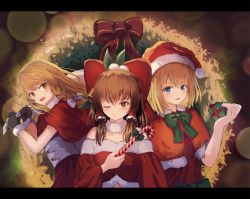 Rule 34 | 3girls, :d, ;), alice margatroid, alternate costume, bad id, bad pixiv id, bag, blonde hair, blue eyes, blurry, blush, bokeh, bow, braid, brown eyes, brown hair, candy, candy cane, christmas, commentary request, depth of field, dress, food, green bow, hair bow, hakurei reimu, hat, highres, holding, holding bag, holding candy, holding candy cane, holding food, kirisame marisa, letterboxed, long hair, looking at viewer, multiple girls, no headwear, one eye closed, ookashippo, open mouth, pom pom (clothes), red bow, red dress, red headwear, santa hat, short hair, side braid, single braid, smile, touhou, upper body, white bow, wreath, yellow eyes