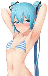 Rule 34 | 1girl, abmayo, absurdres, aqua eyes, aqua hair, armpits, arms behind head, arms up, bikini, bikini top only, blush, breasts, cleavage, closed mouth, hair between eyes, hair ornament, hatsune miku, highres, long hair, looking at viewer, navel, simple background, small breasts, solo, striped bikini, striped bikini top, striped clothes, swimsuit, twintails, very long hair, vocaloid, wavy mouth, white background