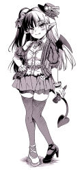 Rule 34 | 1girl, asymmetrical footwear, blush, bow, bowtie, breasts, brooch, commentary request, demon girl, demon tail, demon wings, earrings, fang, full body, gloves, greyscale, hat, head wings, heart, heart-shaped pupils, holding, holding microphone, jewelry, long hair, looking at viewer, microphone, mini hat, mismatched footwear, monochrome, multicolored hair, one side up, original, pointy ears, simple background, skirt, small breasts, smile, solo, symbol-shaped pupils, tail, thighhighs, tilted headwear, two-tone hair, uousa-ou, wings, zettai ryouiki